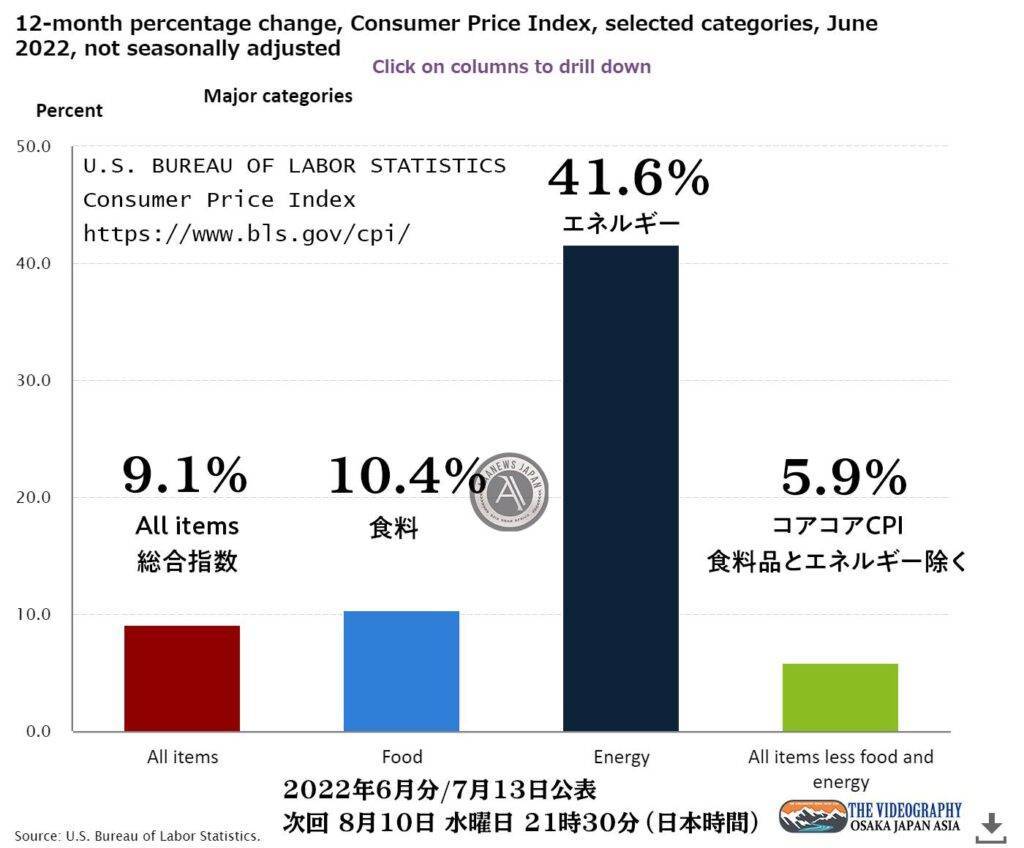 アメリカ 消費者物価指数 CPI 総合指数 9.1%、less food and energy index 5.9%