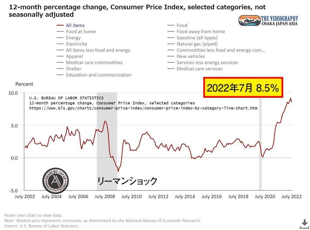 USA CPI CONSUMER PRICE INDEX - JULY 2022 総合指数 8.5%、コアコアCPI（食料品とエネルギーを除く・less food and energy index） 5.9%