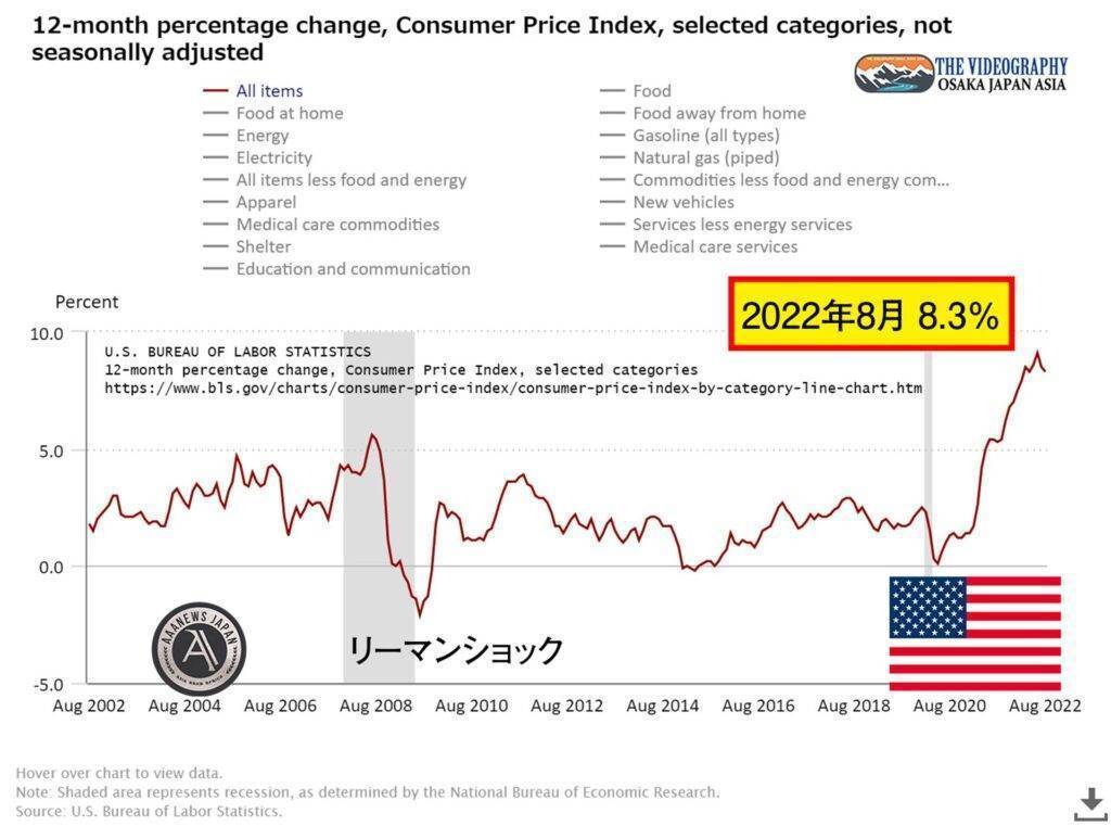 アメリカ 消費者物価指数 CPI CONSUMER PRICE INDEX - AUGUST 2022 USA ※前年同月比 総合指数 All items 8.3% 食料 Food 11.4％ エネルギー Energy 23.8％  コアコアCPI（食料品とエネルギーを除く・All items less food and energy index） 6.3% 