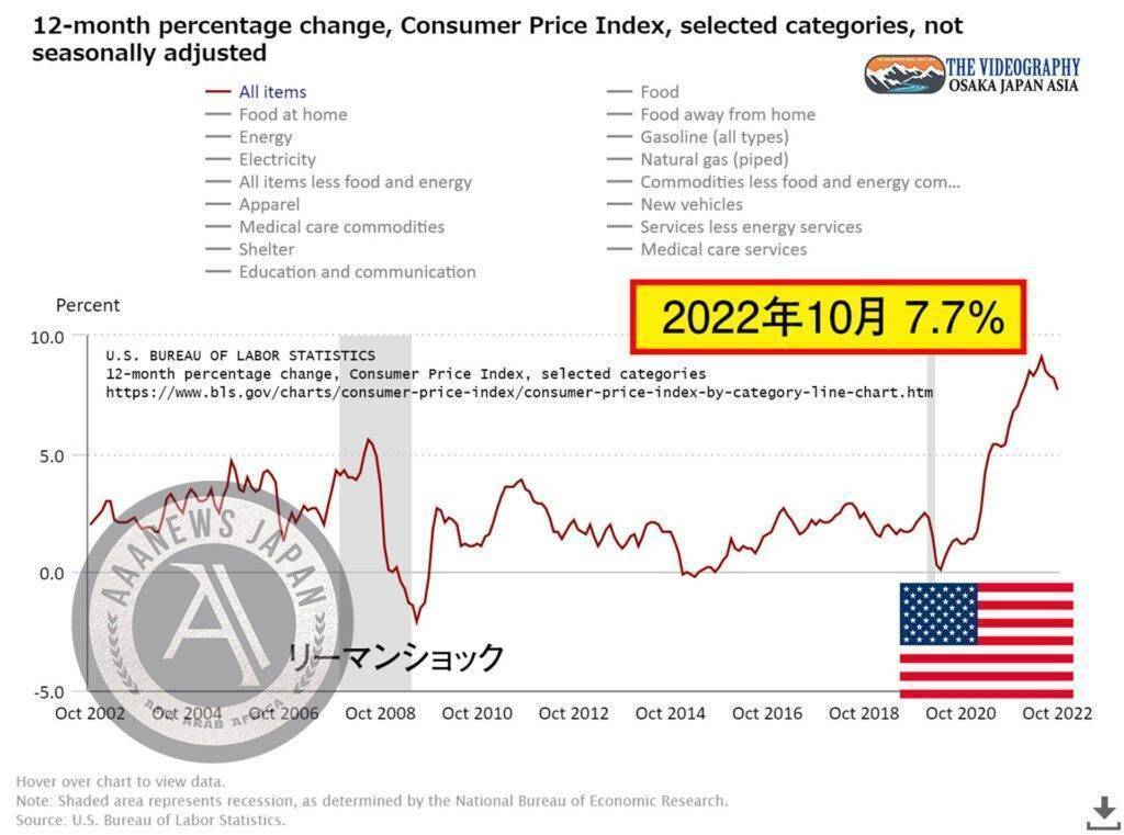 アメリカ 消費者物価指数 CPI CONSUMER PRICE INDEX - OCTOBER 2022 USA 総合指数 7.7%、Core-CPI（食料品とエネルギーを除く・less food and energy index） 6.3%