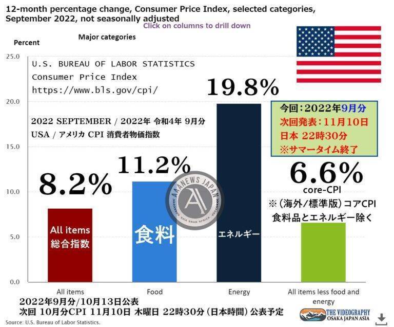 アメリカ 消費者物価指数 CPI 総合指数 8.2%、less food and energy index 6.6%